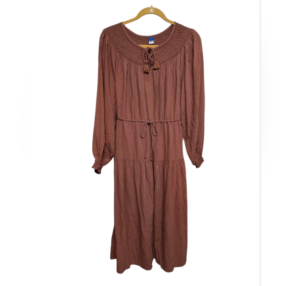 Old Navy Long Sleeve Cinch Waist Cotton Blend Dress Sz M Trident Maple Brown